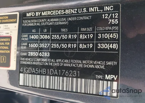 2013 Mercedes-Benz Ml 350 4Matic из США, поврежденный, VIN 4JGDA5HB1DA176231